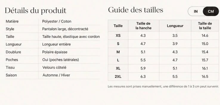 Guide des tailles du pantalon en velours côtelé Lunøør