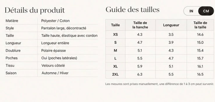 Guide des tailles du pantalon en velours côtelé Lunøør