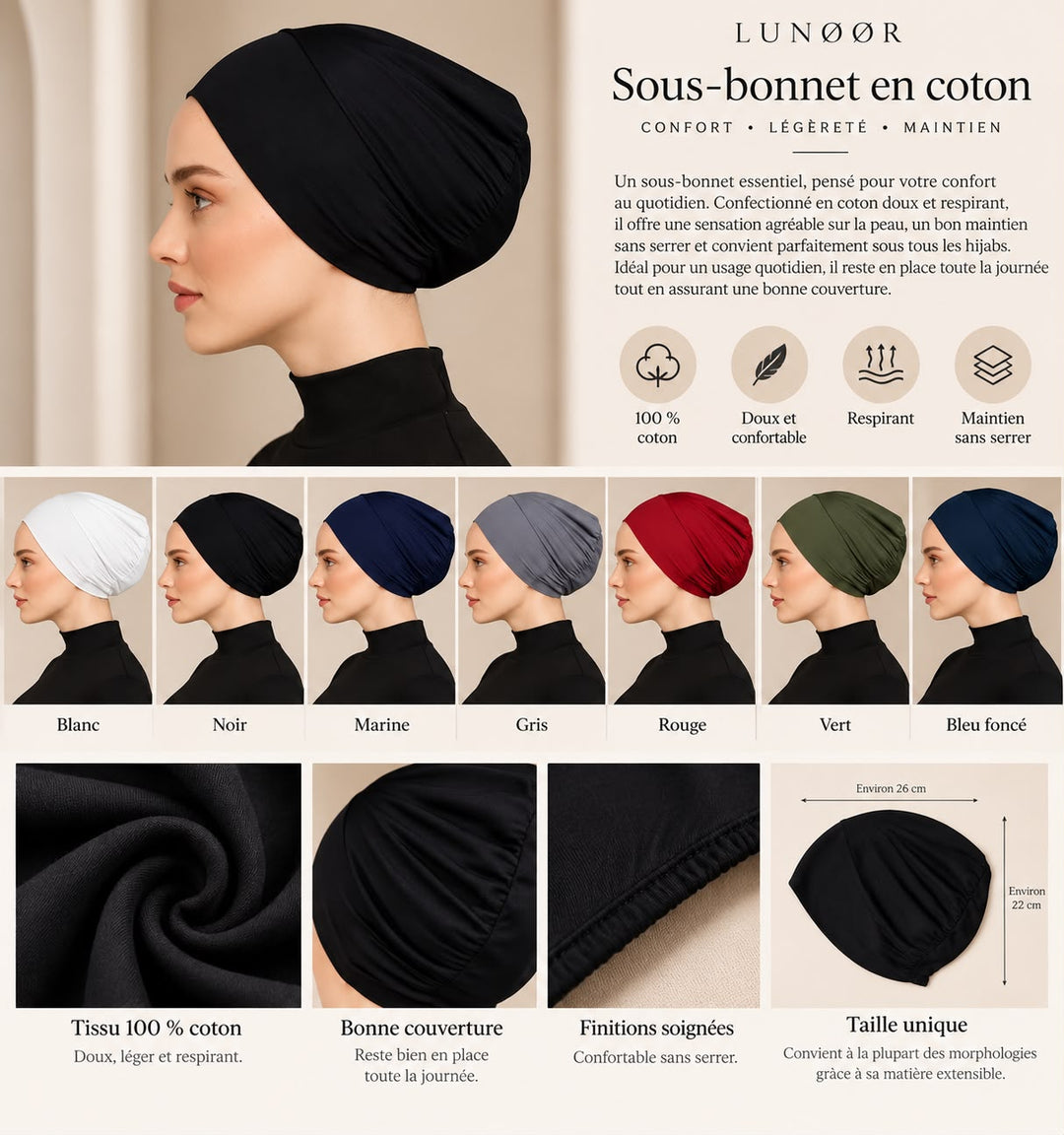 Sous-bonnet en coton Lunøør, sept coloris disponibles
